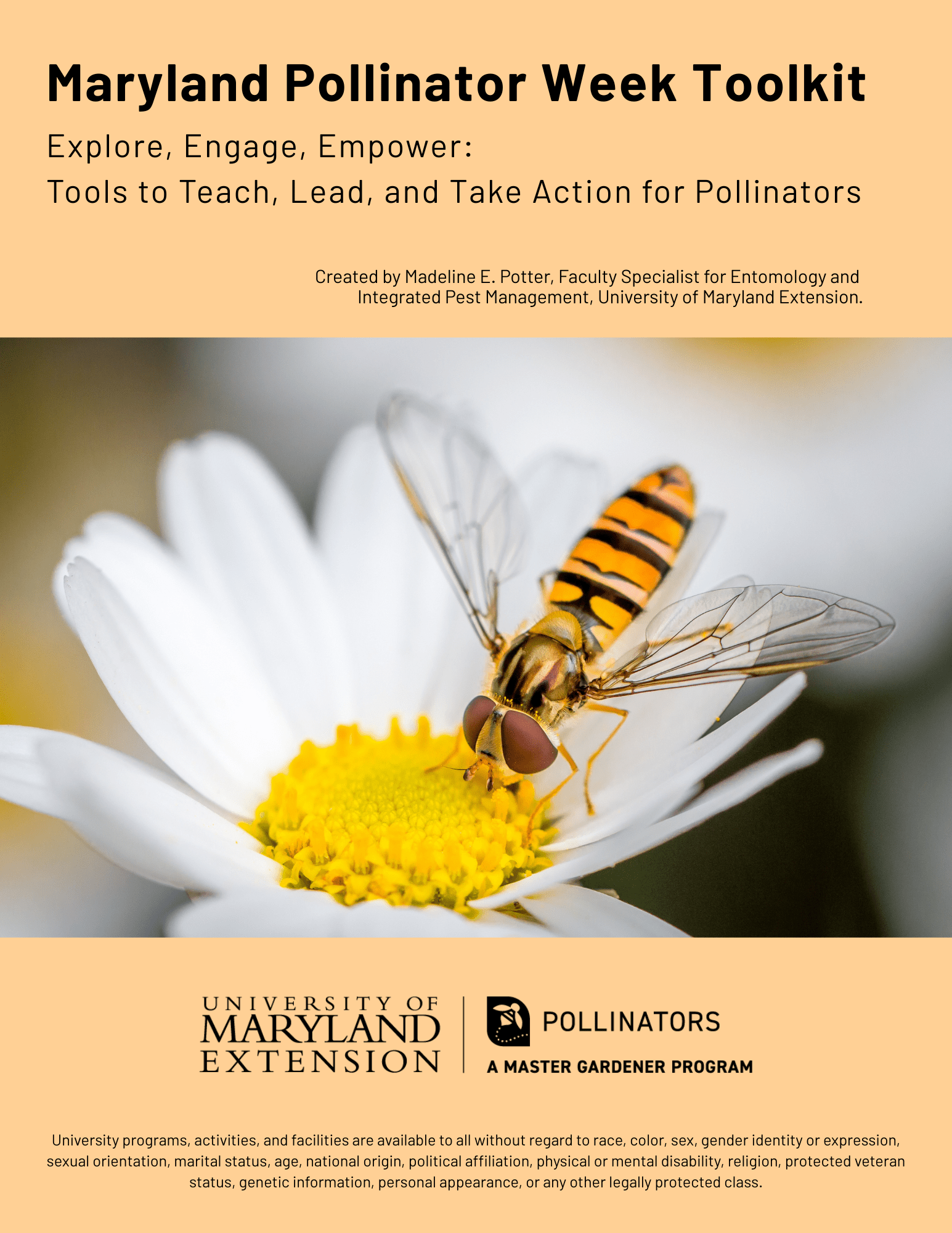 An image of the cover page of the Maryland Pollinator Week Toolkit, showing a syrphid fly on a white flower.