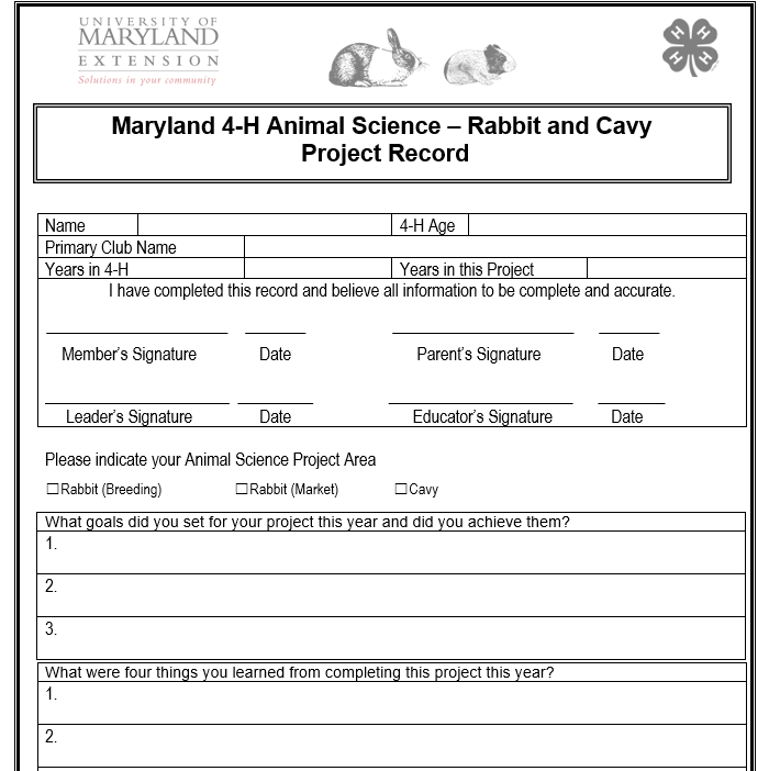 Maryland 4-H Animal Science Rabbit and Cavy Project Record form. Includes sections for names, signatures, project details, and learning reflections.