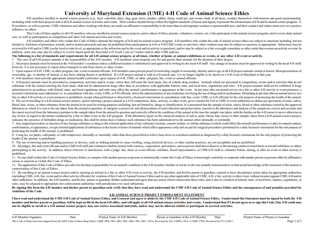 Text document titled "University of Maryland Extension (UME) 4-H Code of Animal Science Ethics." It outlines ethical guidelines for 4-H members in animal science projects, emphasizing honesty, sportsmanship, and proper animal care. The document includes rules about animal treatment, exhibiting, and verification. It also contains an enrollment statement to be signed by members and guardians, acknowledging understanding and compliance.