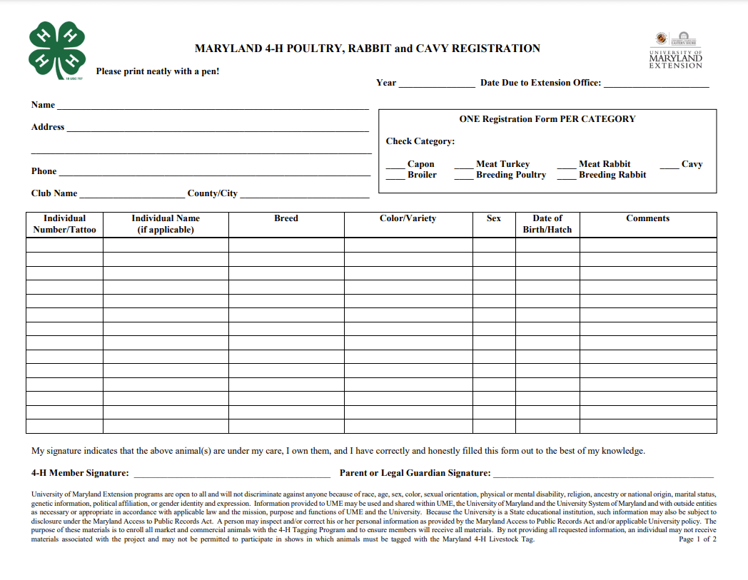 A registration form titled "Maryland 4-H Poultry, Rabbit, and Cavy Registration" features sections for personal information, animal details, and checkboxes for categories like Capon and Broiler. It includes fields for individual and animal names, breed, color, sex, and birth date. The form is associated with the University of Maryland Extension.