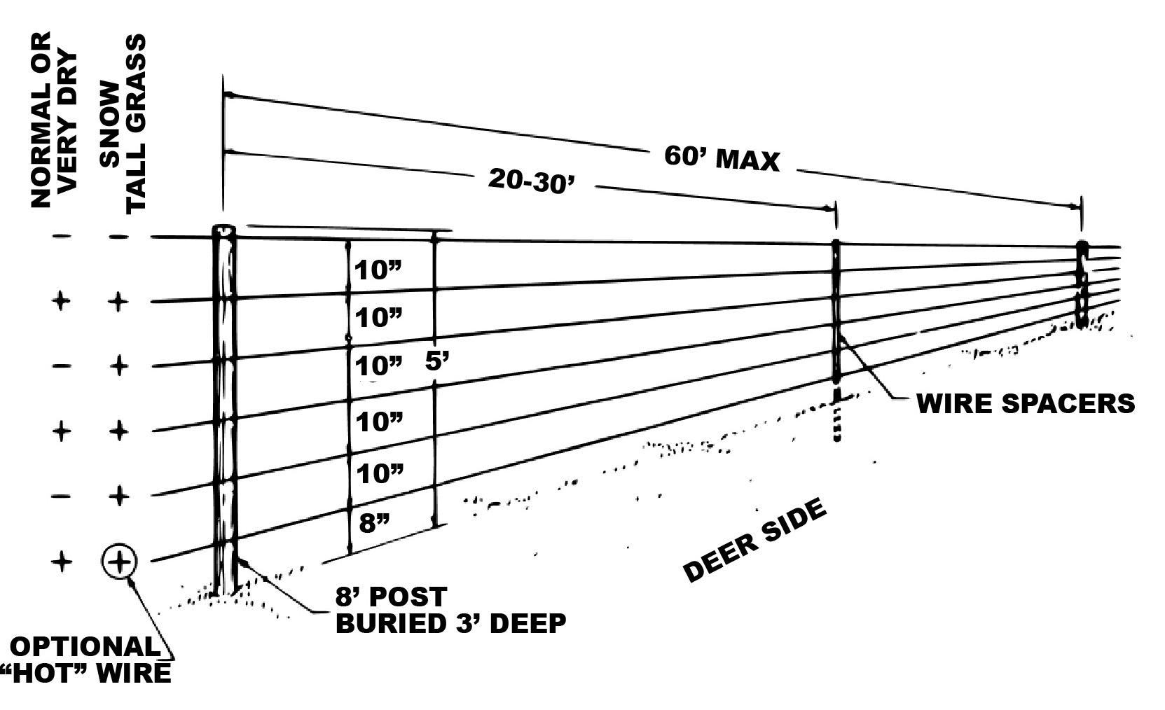 Black‑and‑white line diagram of a six‑wire electric deer fence with horizontal wires at 8 inches, 10 inches, and 5 feet above ground. An 8‑foot post is shown buried 3 feet deep, with wire spacers, optional low “hot” wires, and post spacing of 20–30 feet (up to 60 feet max). Ground conditions such as grass, snow, and dry soil are labeled, and the deer side is marked on the right.