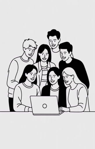 Illustration of a diverse group of seven people smiling and gathered around a laptop.