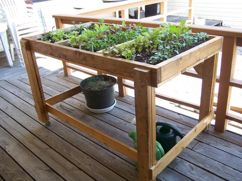 Salad Table with casters on all four legs, positioned next to a deck railing under an overhang. One extra crosspiece is attached near the base of the legs on each side.