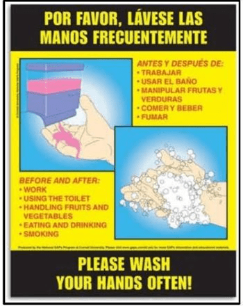 Poster urging frequent hand washing with images of handwashing steps. Text in Spanish and English highlights situations for washing hands.