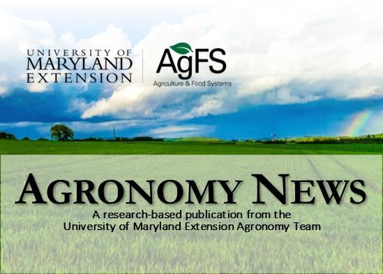 Cover image for Agronomy News featuring a green agricultural field under a cloudy sky with a rainbow on the horizon. Logos for University of Maryland Extension and AgFS appear at the top, with the title “Agronomy News” and the subtitle “A research‑based publication from the University of Maryland Extension Agronomy Team.