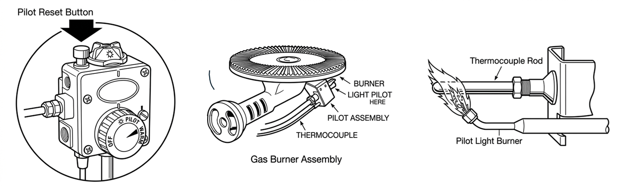 line drawings of gas water heater components: (left) gas control valve with a pilot reset button, (center) gas burner assembly, and (right) pilot flame heating a thermocouple rod