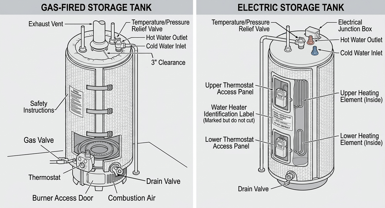 a side-by-side schematic comparing a gas-fired and an electric water heater storage tank