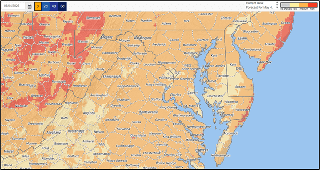 Map of the Mid-Atlantic region showing current disease or weather risk levels, with color-coded shading across Maryland, Virginia, and surrounding states indicating varying levels of risk, and a legend in the upper right displaying a scale from low to high risk.