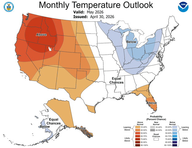 This image is a NOAA Monthly Temperature Outlook map for May 2026, showing expected temperature trends across the United States.