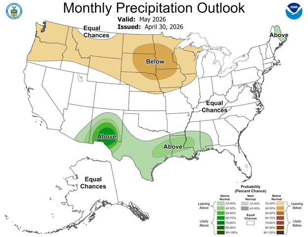 A NOAA map titled “Monthly Precipitation Outlook” for May 2026, issued April 30, 2026, displays the United States with color shading indicating the probability of precipitation being above, below, or near normal.