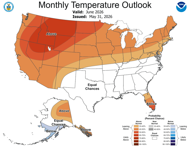 The image is a color-coded map of the United States titled “Monthly Temperature Outlook” for June 2026, issued May 31, 2026. It shows predicted temperature trends (relative to normal) using shaded regions and probability ranges.