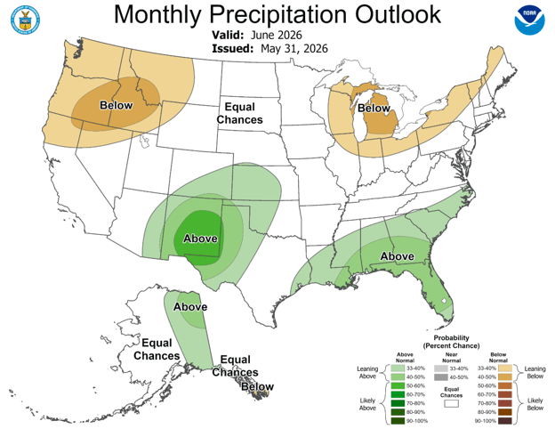This is a U.S. map titled “Monthly Precipitation Outlook” for June 2026, issued May 31, 2026. It shows where precipitation is expected to be above normal, below normal, or uncertain (equal chances) using color shading and probability ranges.