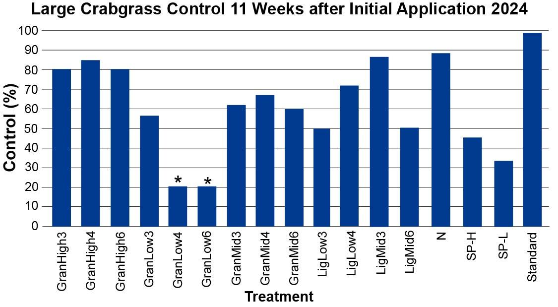 Bar chart titled "Large Crabgrass Control 11 Weeks after Initial Application (2024)" showing percent control (y-axis, 0-100%) by treatment (x-axis). Control is highest for Standard (99%) and also high for N and several GranHigh and LiqMid4 treatments (80-87%). Lowest control occurs with GranLow4 and GranLow6 (20% control, marked with asterisks). Other treatments provided moderate control (33-72 %).
