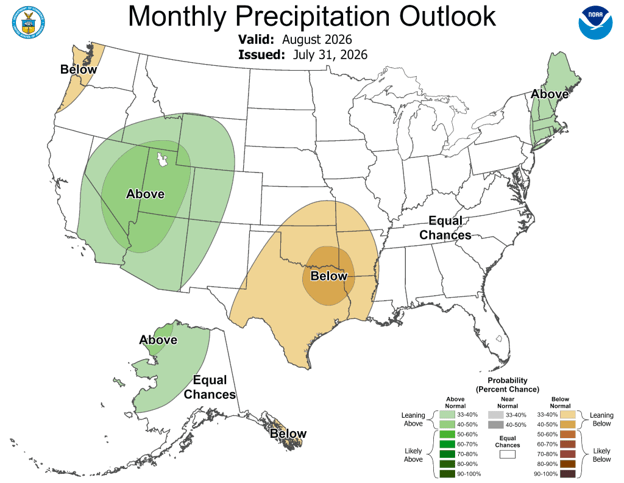 NOAA July 2026 precipitation outlook map showing above-normal precipitation favored in parts of the Great Basin, northern New England, and Alaska; below-normal precipitation favored in parts of the Pacific Northwest, northern Plains, Texas Gulf Coast, and southern Alaska; equal chances elsewhere.
