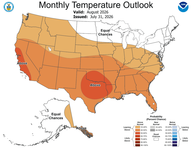 NOAA July 2026 temperature outlook map showing above-normal temperatures favored across most of the western, southern, and eastern United States, equal chances in parts of the northern Plains and Upper Midwest, and below-normal temperatures favored in southern Alaska.