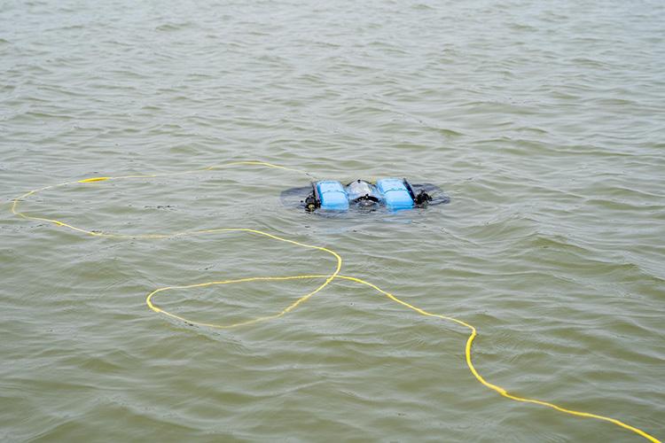 Remotely operated underwater vehicle (ROV) floating at the water's surface during a research mission. The compact blue vehicle is connected to a yellow tether cable that links it to operators on shore or aboard a vessel. The ROV is equipped with cameras and sensors used to collect underwater imagery and data for oyster reef monitoring and environmental surveys.