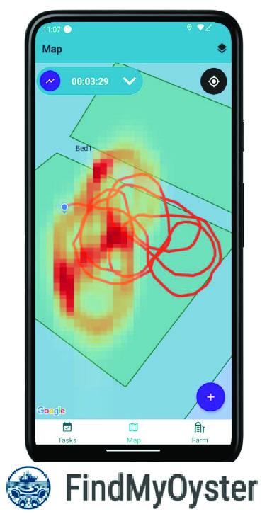 : Illustration of the FindMyOyster mobile application displaying oyster aquaculture data collected through S3AM technology. The smartphone screen shows a map with a heatmap of oyster-related data overlaid with a path representing harvesting or planting activity. The app interface includes navigation tools, timing information, and mapping features that allow users to visualize and manage oyster farming operations. FindMyOyster logo with an oyster icon and the text “FindMyOyster.”