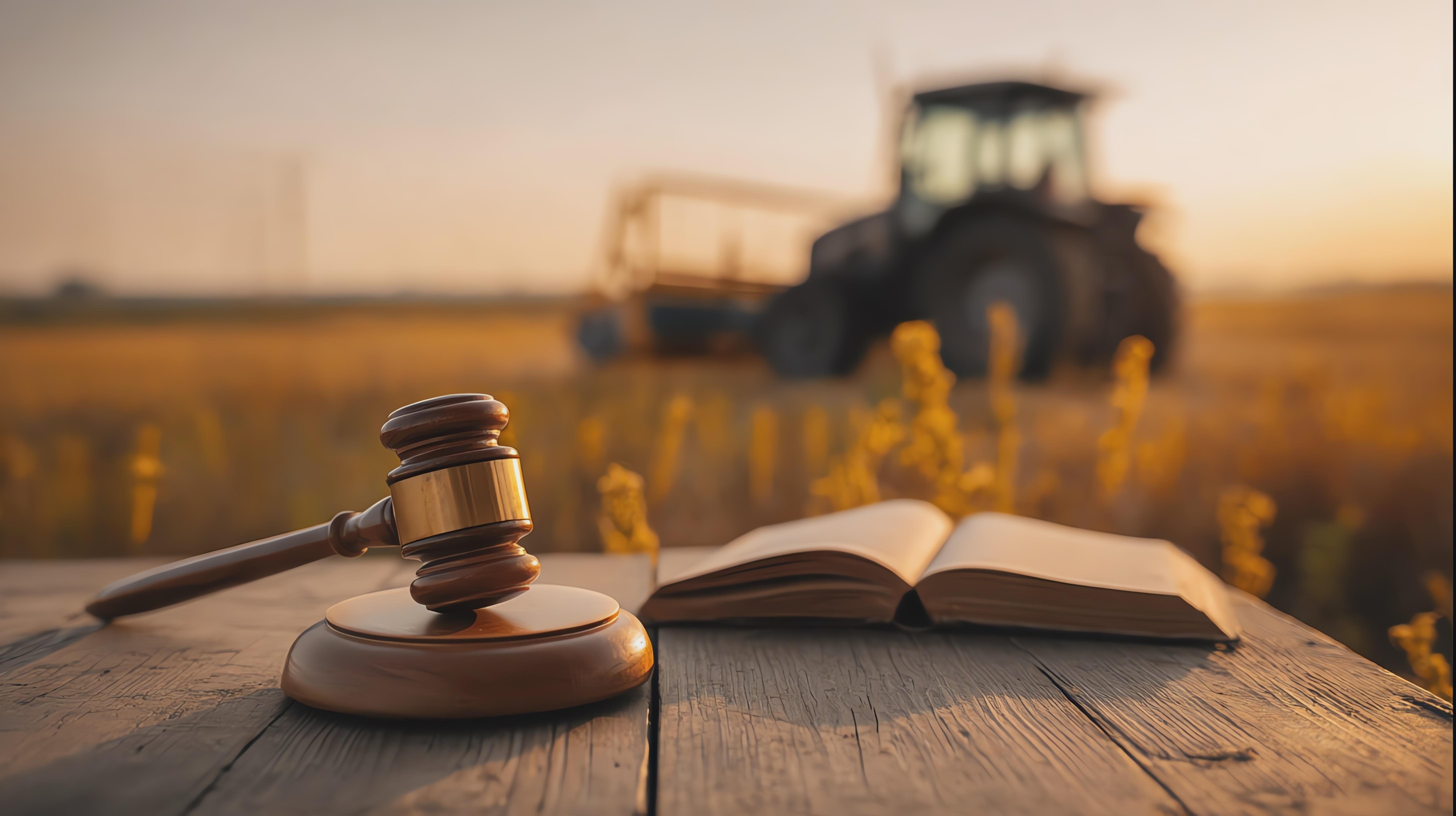 A wooden judge’s gavel and sound block sit beside an open book on a weathered wooden table, with a blurred tractor in a golden field at sunset in the background.