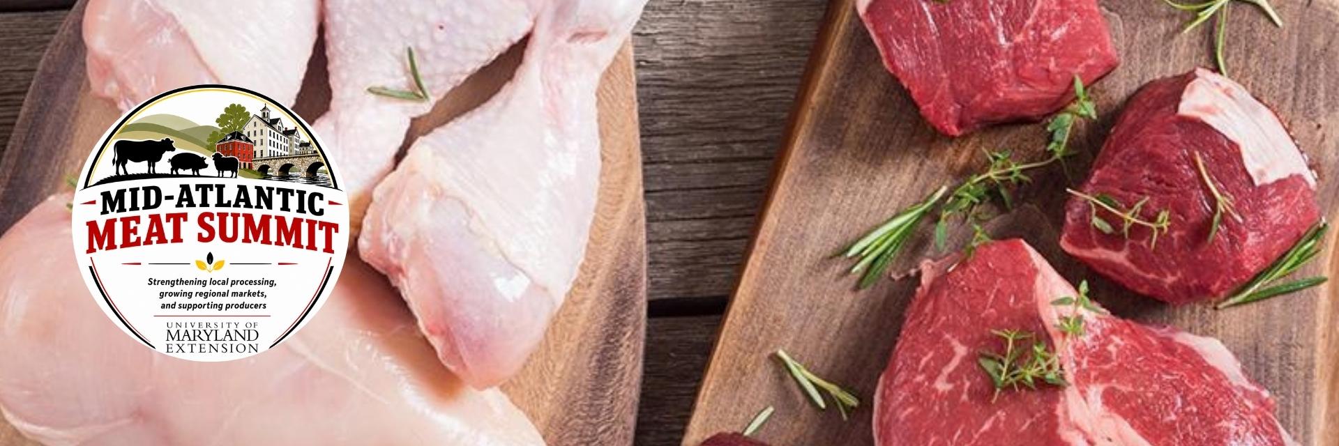Raw poultry and beef on a serving plate, featuring Mid-Atlantic Meat Summit Header logo to the left.