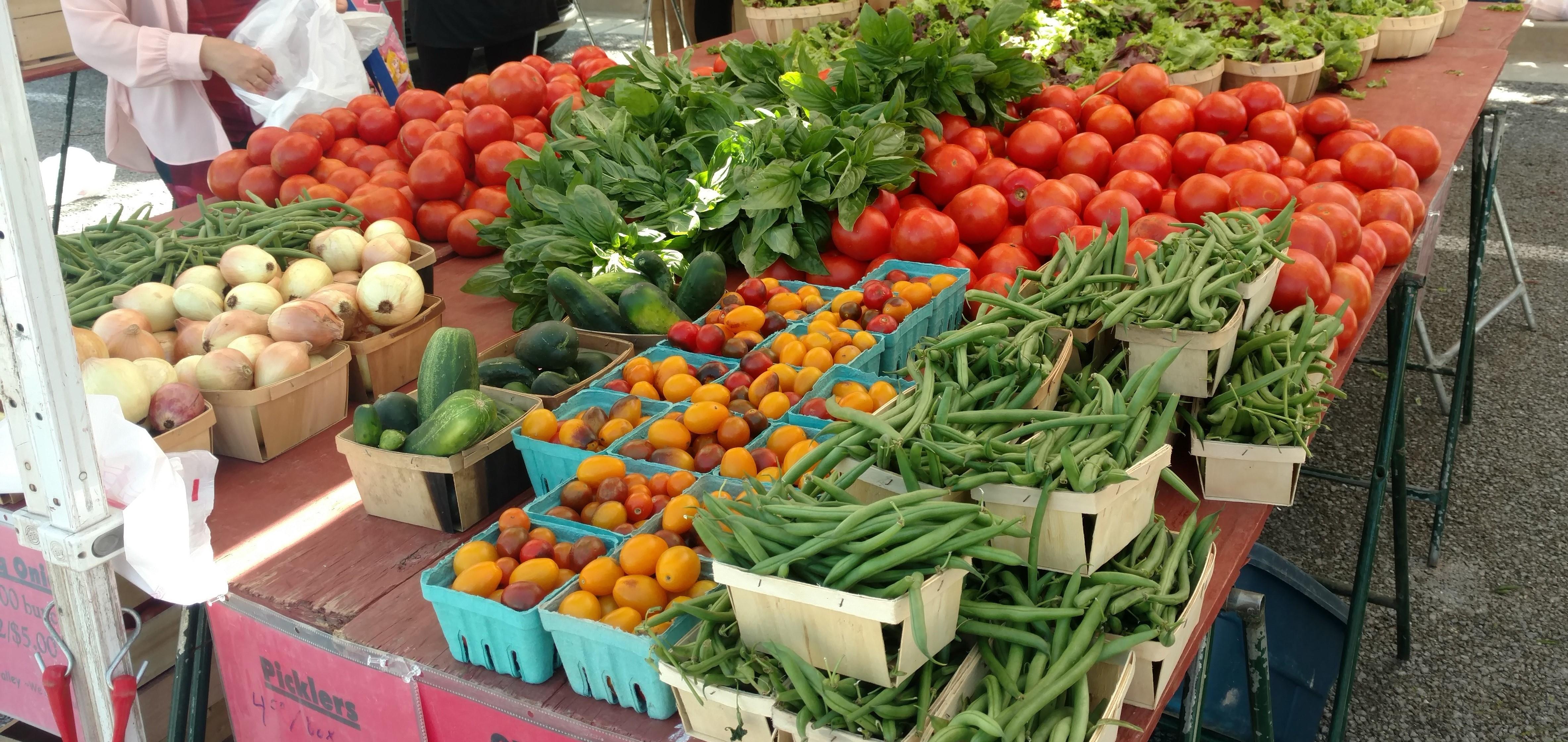 Display of fruits and vegetables at the farmers market.