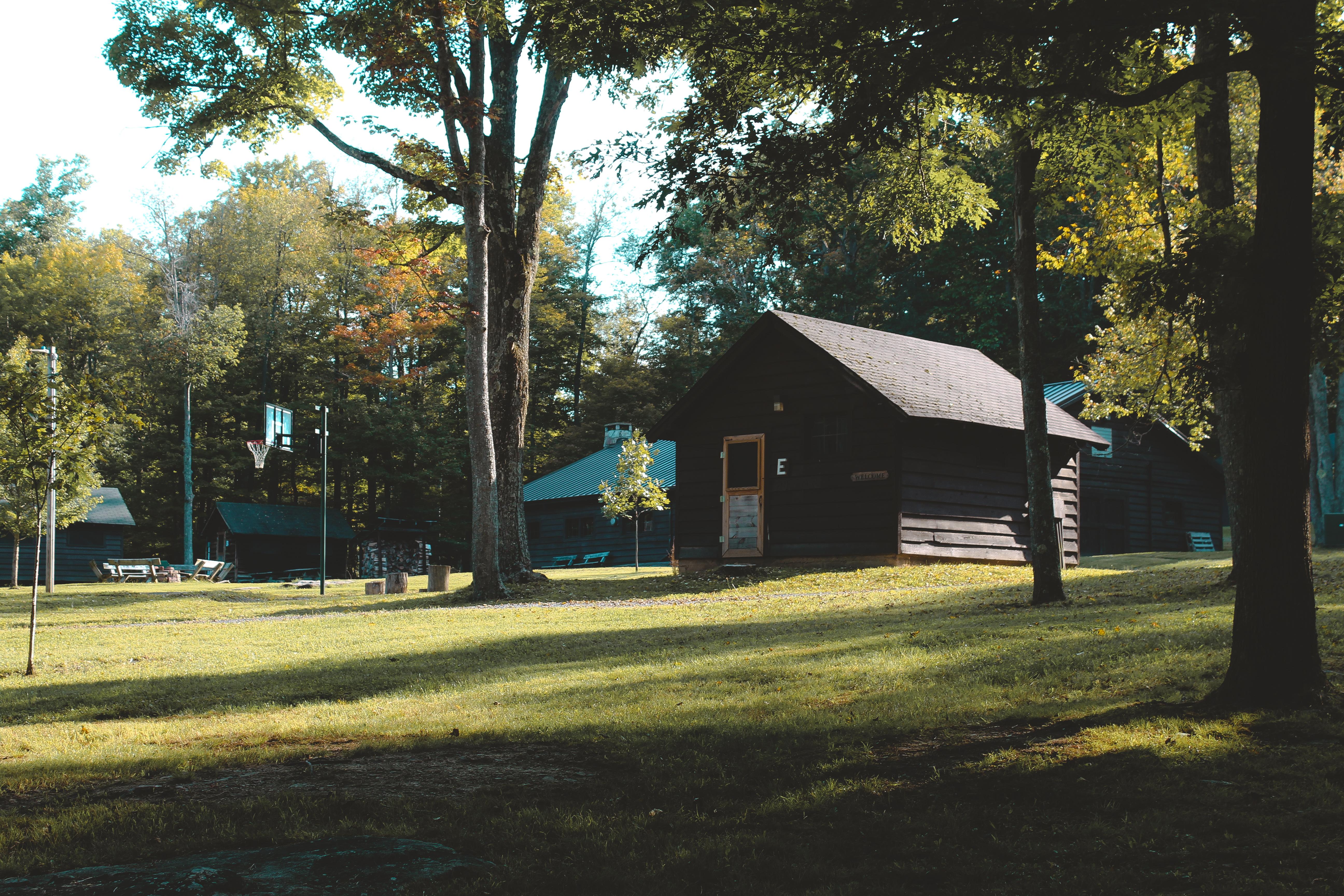 Photo of small cabin and lodge hall at camp