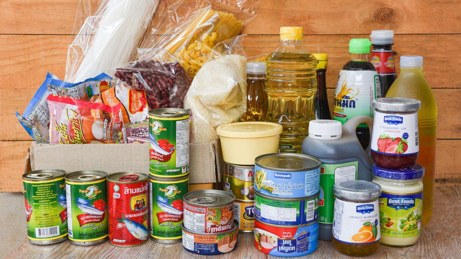 A variety of canned foods that would go in a pantry.