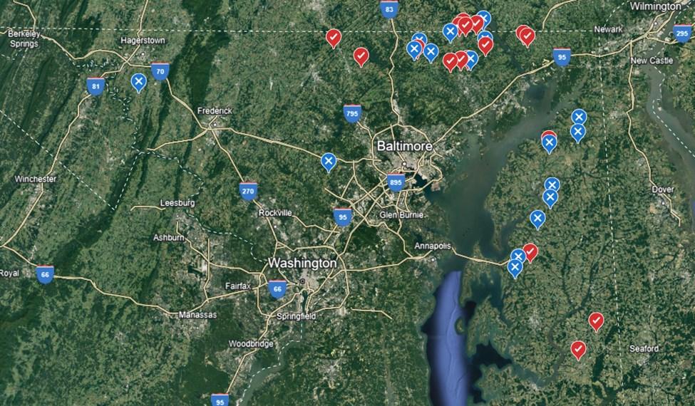 Google Earth map displaying the fields in Maryland that have been scouted for the presence of tar spot.