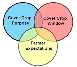 A graphic featuring interconnecting circles representing three primary considerations for cover crop planning: the purpose of cover crops (in blue), the appropriate cover crop window (in red), and farmer expectations (in yellow).