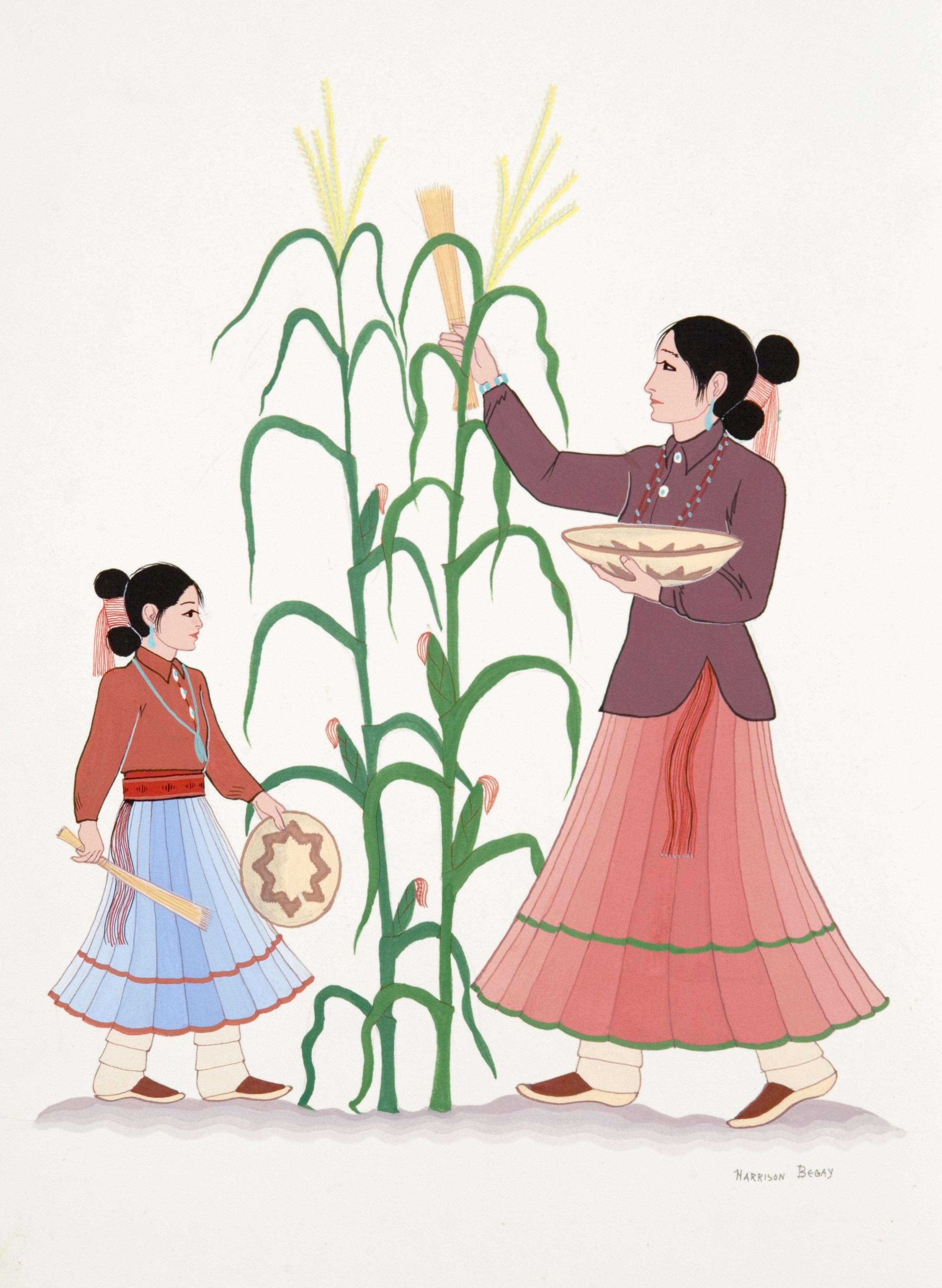 Navaho Woman & Child Gathering Corn Pollen by Harrison Begay illustrates the cultural and spiritual significance of corn pollen in Navajo communities. (Image courtesy Gilcrease Museum)