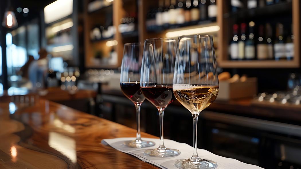 A trio of wine glasses arranged on a wooden bar in a wine tasting room, showcasing their crystal clarity and inviting ambiance.