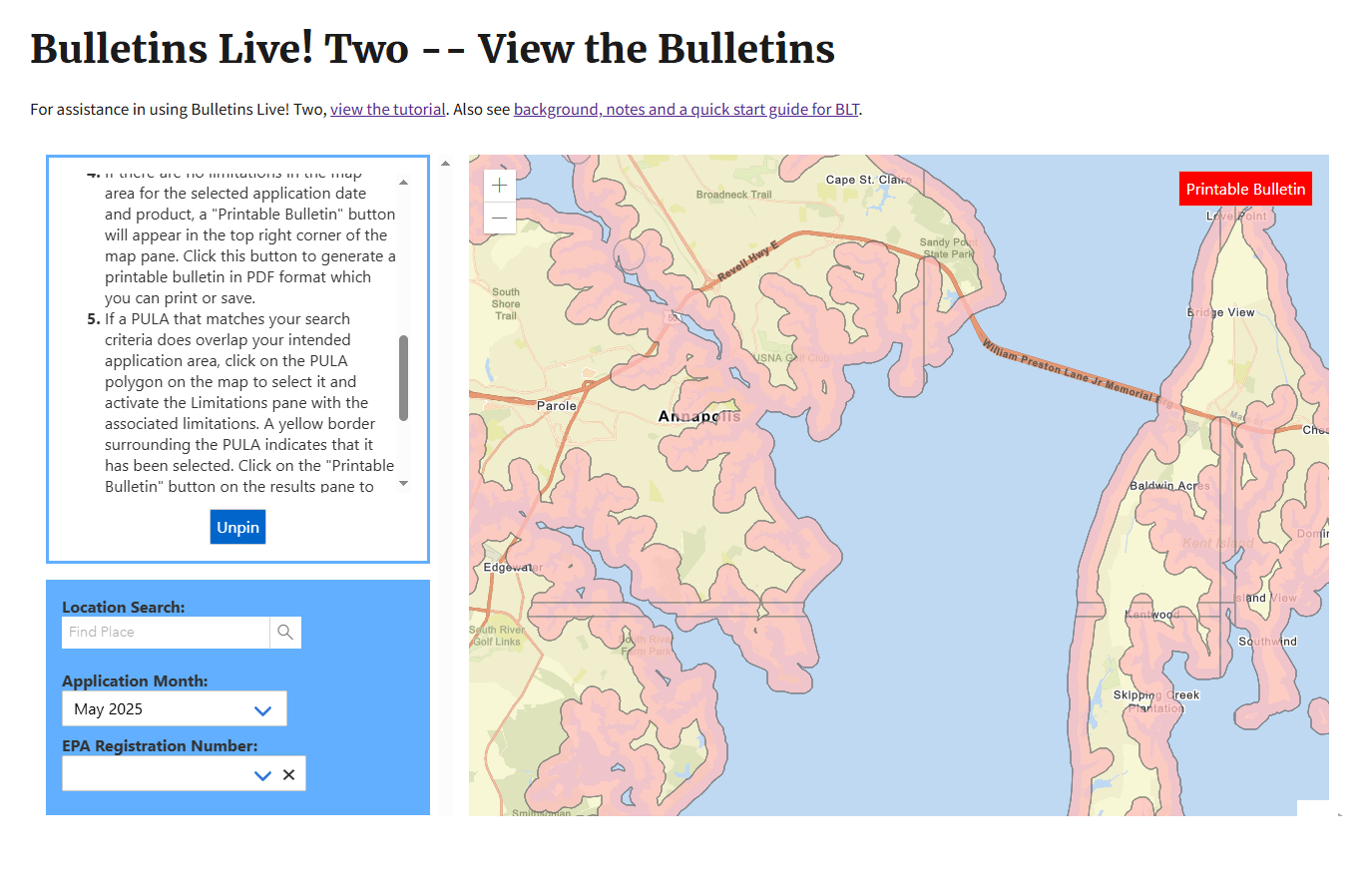 A screenshot of the new platform "Bulletins Live! Two," featuring a detailed map of Maryland with navigation elements and highlighted areas.
