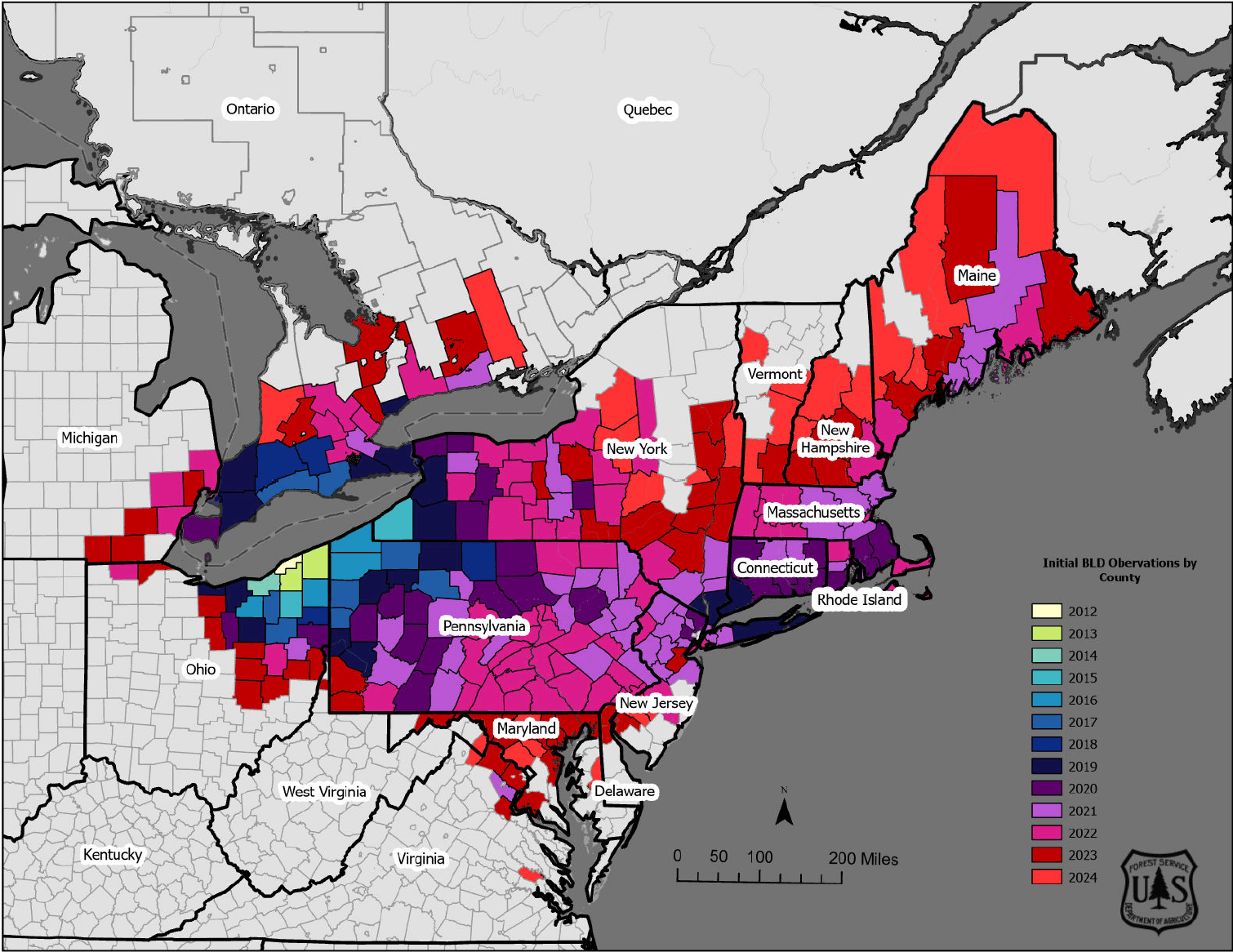 Beech Leaf Disease range map 2024