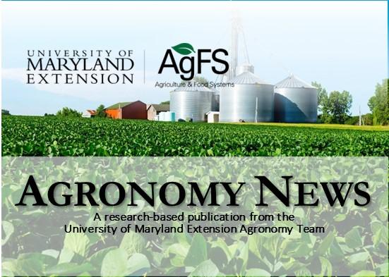 Farm landscape with silos and crops under clear sky. Text: University of Maryland Extension, AgFS. Title: Agronomy News, a research-based publication."