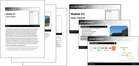 A set of educational materials titled 'Module #1 Solar Market'. The documents and slides feature text and visuals on solar energy concepts.