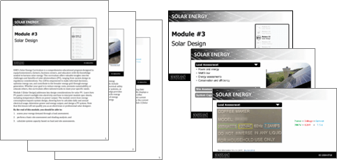 A set of educational materials titled "Module #3: Solar Design". The documents and slides feature text and visuals on solar energy concepts.