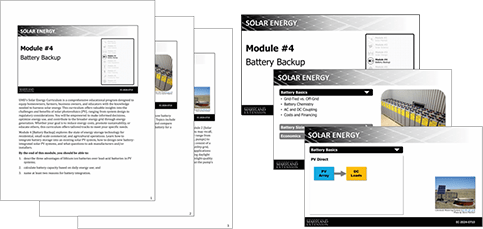 A set of educational materials titled "Module #4: Battery Backup". The documents and slides feature text and visuals on solar energy concepts.