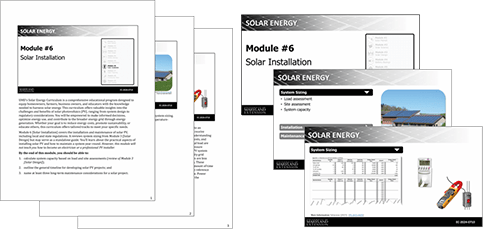A set of educational materials titled "Module #6: Solar Installation". The documents and slides feature text and visuals on solar energy concepts.