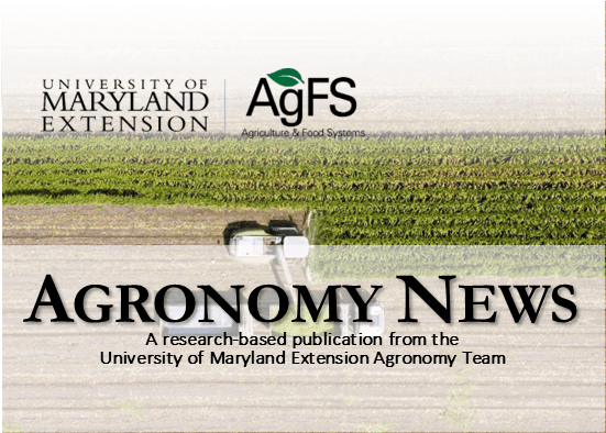 Aerial view of a farm field with a tractor. Text: "Agronomy News," a research publication by University of Maryland Extension and AgFS logos.