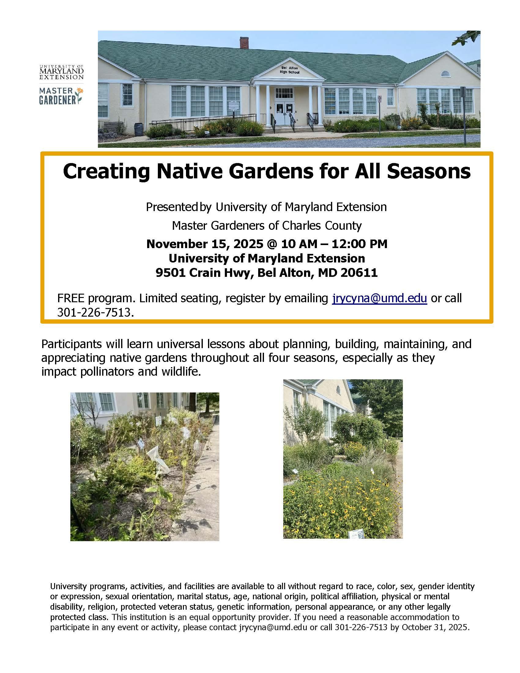 Charles County Master Gardeners Creating Native Gardens workshop info