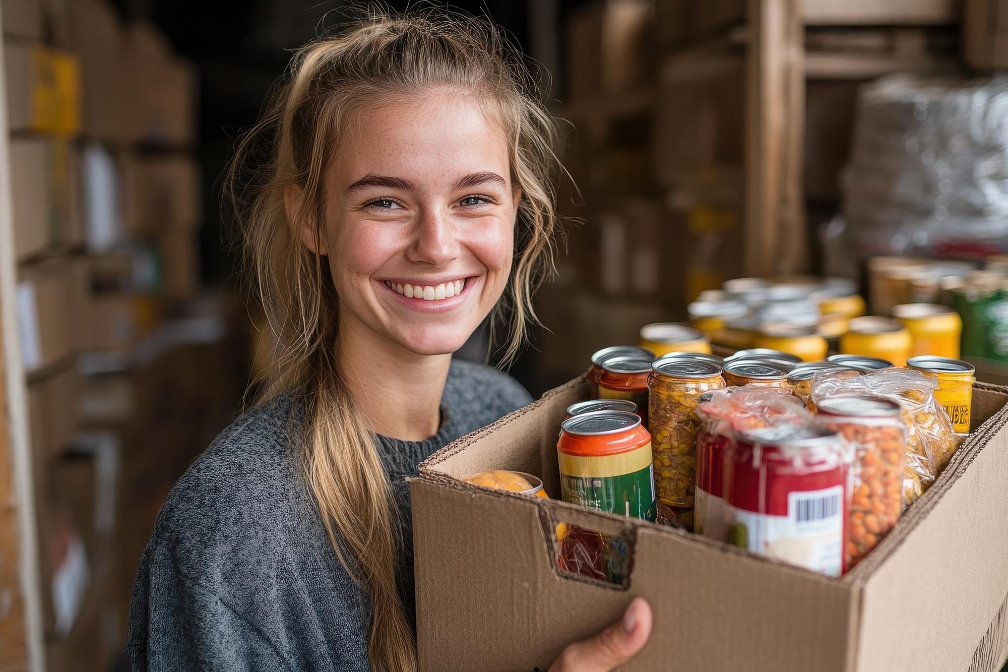 Food pantry worker smiling and holding a box of canned foods