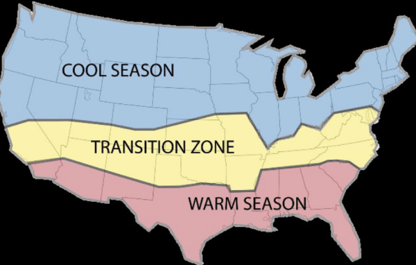 Map of the continental U.S. overlaid with three zones denoting areas for cool-season lawns in the northern states, warm-season lawns in the southern states, and transition zone between them.