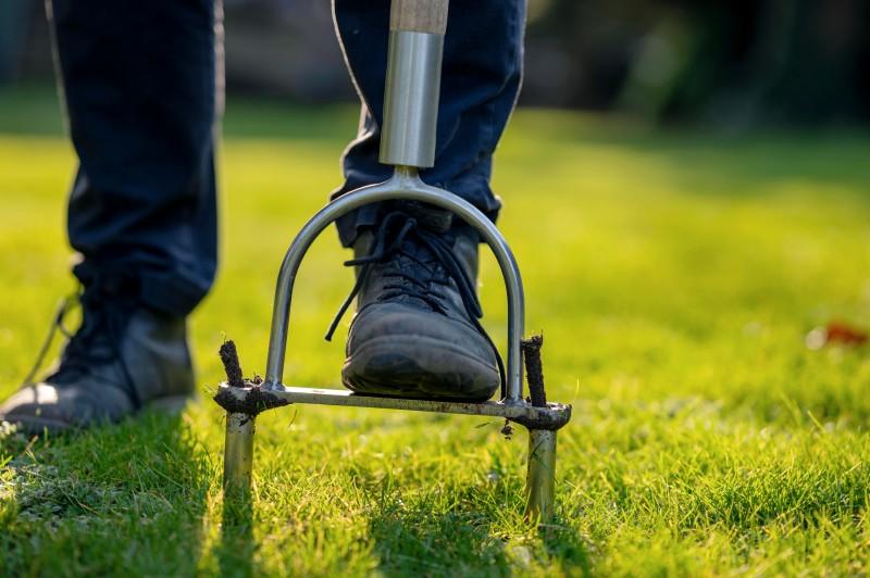 A person stepping on the flat middle bar on a manual lawn core aerator. One hollow corer on each side removes a plug of soil as it is pressed into the soil.