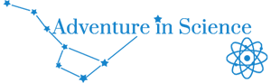 Logo with the words ‘Adventure in Science Incorporated,’ featuring a dashed‑line star constellation on the left and an atomic symbol with orbiting electrons on the right.