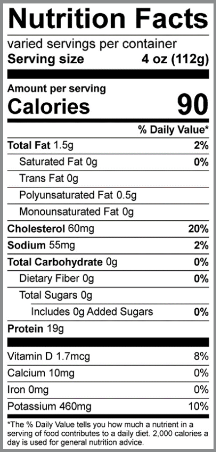 Etiqueta de información nutricional para un producto con un tamaño de porción de 4 oz (112 g), que muestra 90 calorías por porción. La etiqueta indica 1.5 g de grasa total (2% del valor diario), 0 g de grasa saturada, 0 g de grasa trans, 0.5 g de grasa poliinsaturada, 0 g de grasa monoinsaturada, 60 mg de colesterol (20%), 55 mg de sodio (2%), 0 g de carbohidratos (0%), 0 g de fibra, 0 g de azúcares totales, incluidos 0 g de azúcares añadidos, y 19 g de proteína. También incluye 1.7 mcg de vitamina D (8%), 