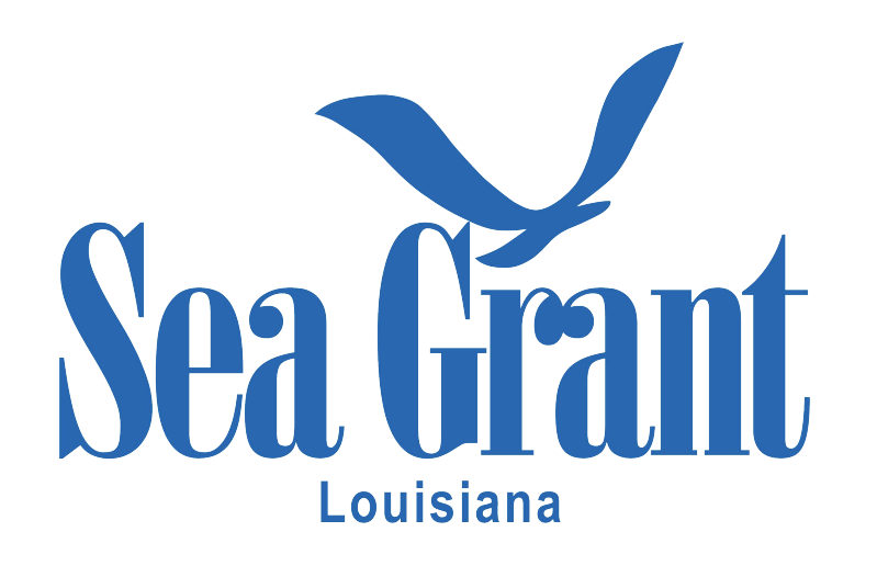 Blue ‘Sea Grant Louisiana’ logo featuring stylized text and a bird silhouette in flight above the words.