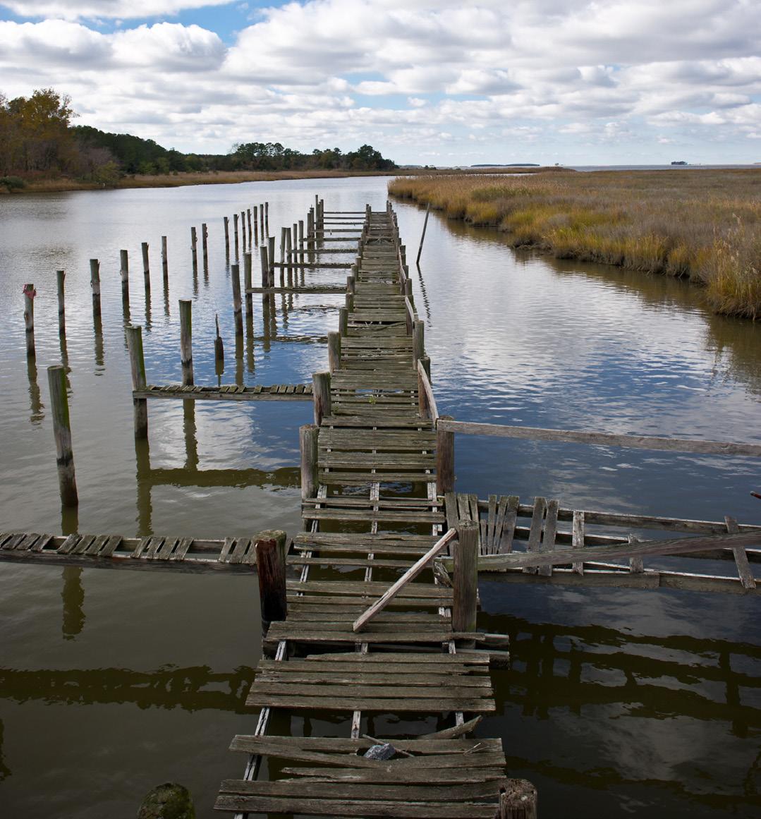  An old wooden pier in disrepair stretches over calm water bordered by marsh grasses and distant trees under a partly cloudy sky.