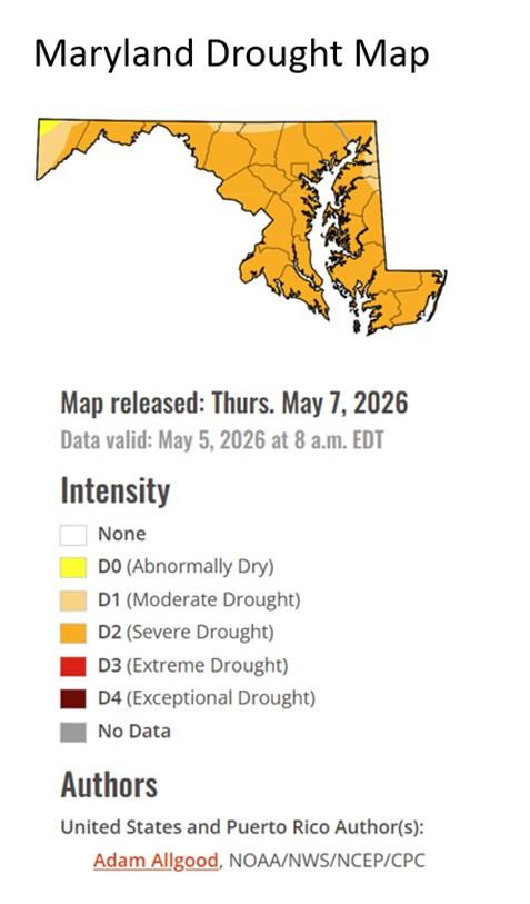 The image shows a Maryland Drought Map with a detailed visual summary of drought conditions across the state as of early May 2026.