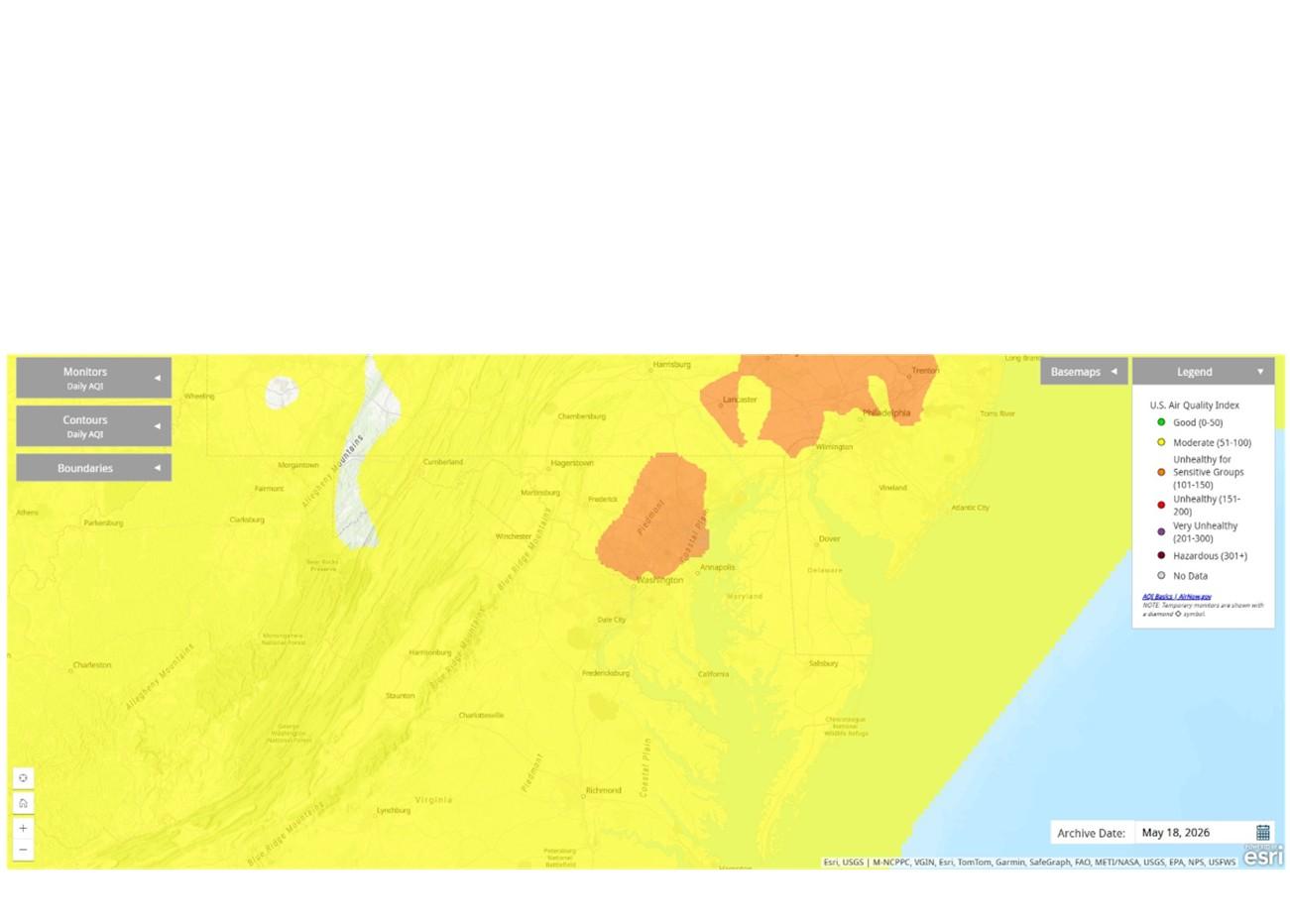 AQI map of the Mid-Atlantic region showing mostly moderate air quality (yellow) with some unhealthy-for-sensitive-groups areas (orange) near Washington, D.C., and Philadelphia. A legend on the right explains AQI color levels, and the archive date shown is May 18, 2026.