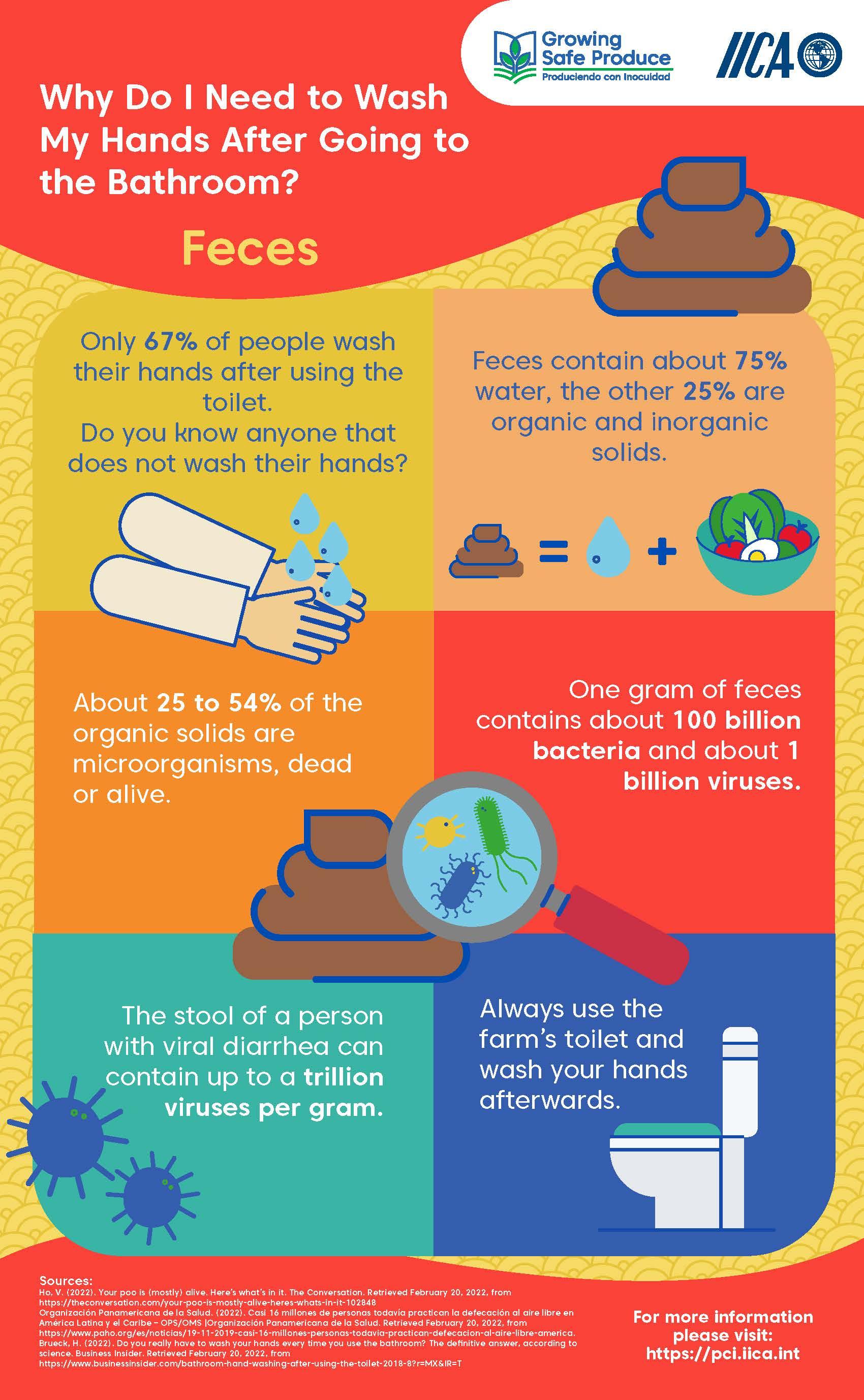  Infographic explaining why handwashing after using the toilet is important, highlighting that feces can contain bacteria, viruses, and other microorganisms, with illustrations of hands, feces, germs, and a toilet.