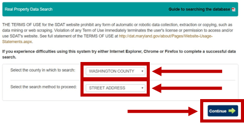 Screenshot of the Maryland SDAT Real Property Data Search page. Two dropdown menus are highlighted with red boxes and arrows, showing the selections “Washington County” for the county search and “Street Address” for the search method. A large red arrow points to the blue “Continue” button in the lower right corner, indicating the next step in the process.